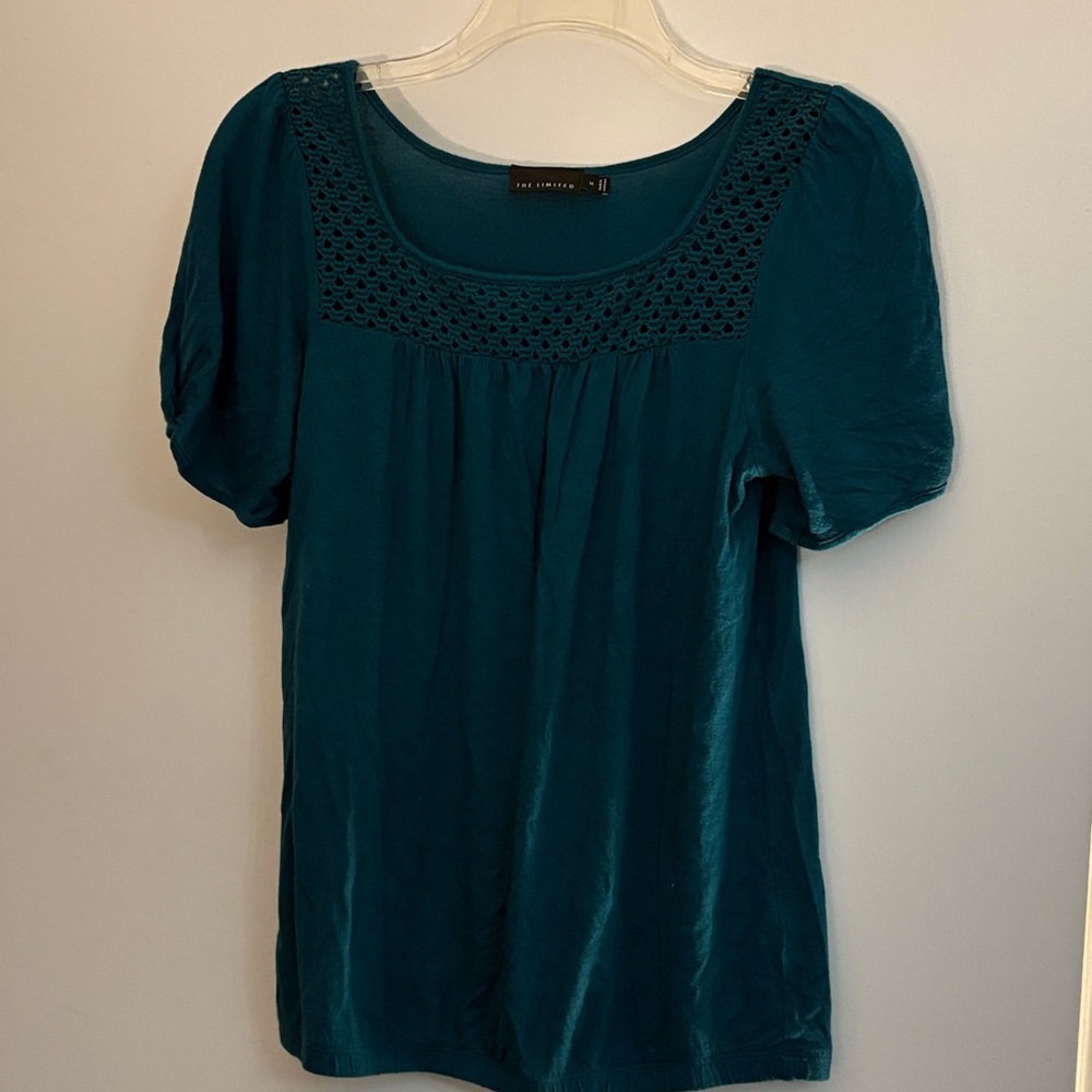 The Limited Teal Crochet Neck Blouse